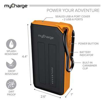 myCharge Adventure Camping Portable Charger Power Bank 6700 mAh Rugged Outdoor External Battery Pack with Carabiner Clip - USB Accessories, Bluetooth Speaker, Cell Phone (iPhone, Android for Samsung)