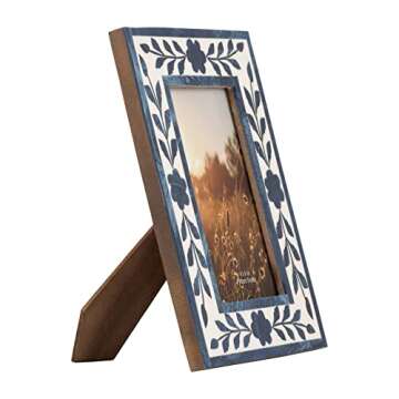 4" x 6" Picture Frame - Blue and White Floral Petals Polyresin Portrait Holder - Decorative Glass Frame for Home or Office - Sentimental Gift Idea