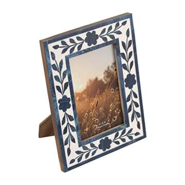 4" x 6" Picture Frame - Blue and White Floral Petals Polyresin Portrait Holder - Decorative Glass Frame for Home or Office - Sentimental Gift Idea