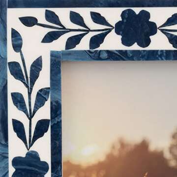 4" x 6" Picture Frame - Blue and White Floral Petals Polyresin Portrait Holder - Decorative Glass Frame for Home or Office - Sentimental Gift Idea