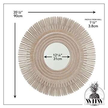 WHW Whole House Worlds Large Modern Sunburst Mirror, White Washed Wood, Brilliant Inset Circular Mirror, 35.5 Inches Diameter, Home Decor