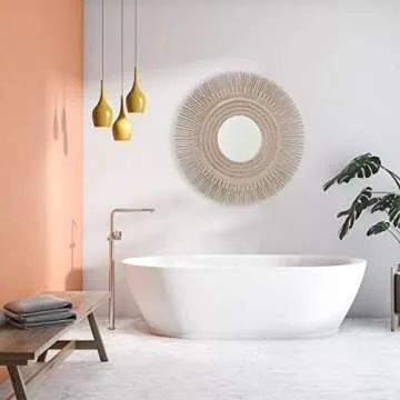 WHW Whole House Worlds Large Modern Sunburst Mirror, White Washed Wood, Brilliant Inset Circular Mirror, 35.5 Inches Diameter, Home Decor