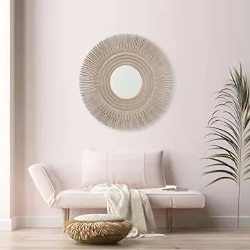 WHW Whole House Worlds Large Modern Sunburst Mirror, White Washed Wood, Brilliant Inset Circular Mirror, 35.5 Inches Diameter, Home Decor