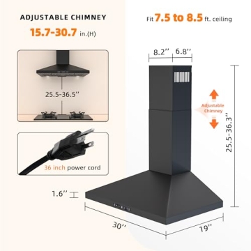 FIREGAS Black Range Hood 30 inch, 450 CFM Wall Mount Range Hood with Ducted/Ductless Convertible, Ge...