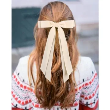 Aileam 2PCS Velvet Hair Bows Ribbon Hair Clip Beige Pink Accessories Ponytail Holder Accessories Slides Metal Clips Hair Bow for Women Girls Toddlers Teens Kids