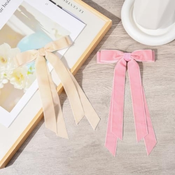 Aileam 2PCS Velvet Hair Bows Ribbon Hair Clip Beige Pink Accessories Ponytail Holder Accessories Slides Metal Clips Hair Bow for Women Girls Toddlers Teens Kids