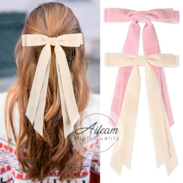 Aileam 2PCS Velvet Hair Bows Ribbon Hair Clip Beige Pink Accessories Ponytail Holder Accessories Slides Metal Clips Hair Bow for Women Girls Toddlers Teens Kids