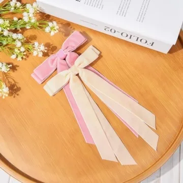 Aileam 2PCS Velvet Hair Bows Ribbon Hair Clip Beige Pink Accessories Ponytail Holder Accessories Slides Metal Clips Hair Bow for Women Girls Toddlers Teens Kids