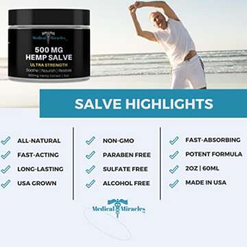 Medical Miracles Hemp 500 Mg Ultra Strength Healing Salve Ideal for HIPS, Joints, Neck, Back, Elbows, Fingers, Hands, and Knees Made in USA