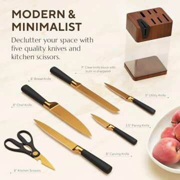 CHROME CLUB Black and Gold Knife Set with Block - 7 Piece Gold Kitchen Knife Set with Durable Clear Knife Block and Sharpener - Vibrant Black Knife Set with Scissors and Cleaning Wipe