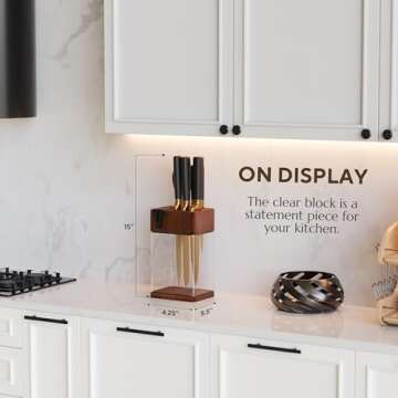 CHROME CLUB Black and Gold Knife Set with Block - 7 Piece Gold Kitchen Knife Set with Durable Clear Knife Block and Sharpener - Vibrant Black Knife Set with Scissors and Cleaning Wipe