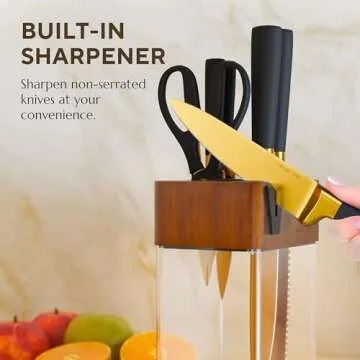 CHROME CLUB Black and Gold Knife Set with Block - 7 Piece Gold Kitchen Knife Set with Durable Clear Knife Block and Sharpener - Vibrant Black Knife Set with Scissors and Cleaning Wipe