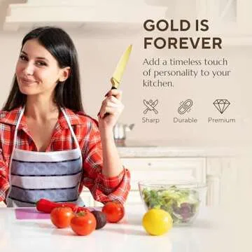 CHROME CLUB Black and Gold Knife Set with Block - 7 Piece Gold Kitchen Knife Set with Durable Clear Knife Block and Sharpener - Vibrant Black Knife Set with Scissors and Cleaning Wipe