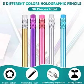 Holographic Pencils with Erasers Metallic Assorted Colors Wooden Glitter Pencils Optical Illusion Pencils HB Pencils (12 Pieces)