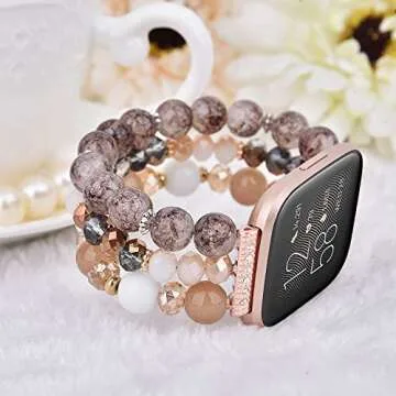 CAGOS Bracelet Compatible with Fitbit Versa 2 Band/Fitbit Versa Bands Women, Handmade Beaded Elastic Replacement Bands Pearl Straps for Fitbit Versa 2 Special Edition SmartWatch (Amber Brown)