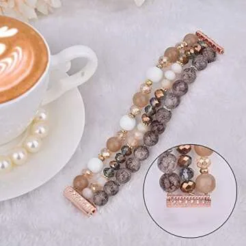 CAGOS Bracelet Compatible with Fitbit Versa 2 Band/Fitbit Versa Bands Women, Handmade Beaded Elastic Replacement Bands Pearl Straps for Fitbit Versa 2 Special Edition SmartWatch (Amber Brown)