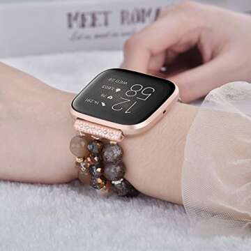 CAGOS Bracelet Compatible with Fitbit Versa 2 Band/Fitbit Versa Bands Women, Handmade Beaded Elastic Replacement Bands Pearl Straps for Fitbit Versa 2 Special Edition SmartWatch (Amber Brown)