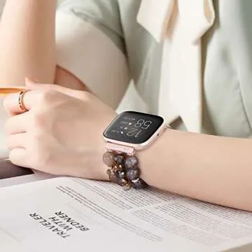 CAGOS Bracelet Compatible with Fitbit Versa 2 Band/Fitbit Versa Bands Women, Handmade Beaded Elastic Replacement Bands Pearl Straps for Fitbit Versa 2 Special Edition SmartWatch (Amber Brown)