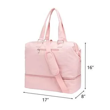 MINKARS Weekender Bag with Shoe Compartment Travel Duffle, Personal Item 17 Inch, Solid Pink