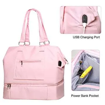 MINKARS Weekender Bag with Shoe Compartment Travel Duffle, Personal Item 17 Inch, Solid Pink