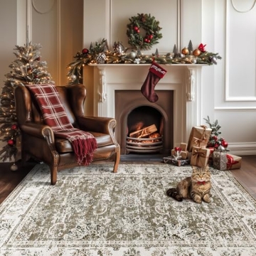 Jinchan Washable Area Rug 5x7 Low Pile Bedroom Rug Indoor Taupe Floral Print Stain Resistant Boho Ca...