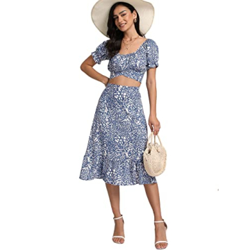 LYANER Women's 2 Piece Outfits Floral Self Tie Knot Crop Top and Midi Skirt Set