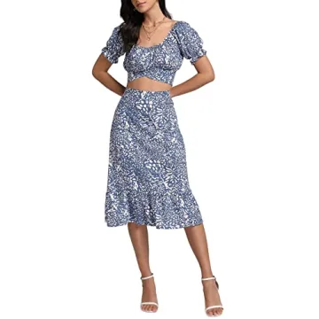 LYANER Women's 2 Piece Outfits Floral Self Tie Knot Crop Top and Midi Skirt Set