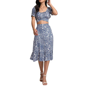 LYANER Women's 2 Piece Outfits Floral Self Tie Knot Crop Top and Midi Skirt Set