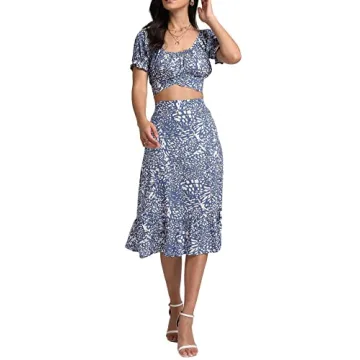 LYANER Women's 2 Piece Outfits Floral Self Tie Knot Crop Top and Midi Skirt Set
