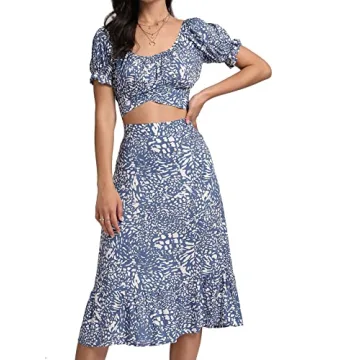 LYANER Women's 2 Piece Outfits Floral Self Tie Knot Crop Top and Midi Skirt Set