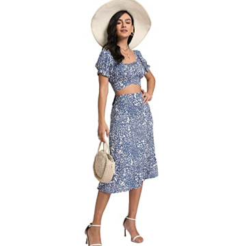 LYANER Women's 2 Piece Outfits Floral Self Tie Knot Crop Top and Midi Skirt Set