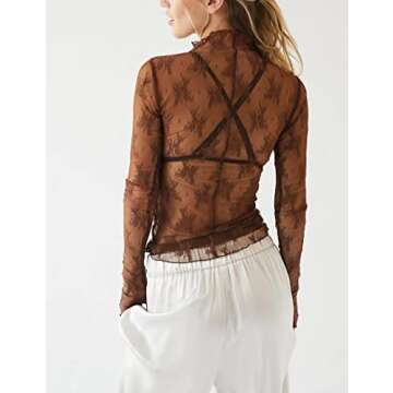 Ugerlov Women's Long Sleeve Mesh Top Mock Neck Sheer Blouse See Through Floral Lace Tops, Brown M