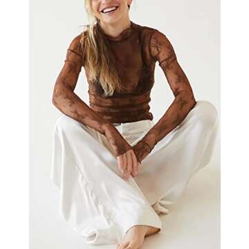 Ugerlov Women's Long Sleeve Mesh Top Mock Neck Sheer Blouse See Through Floral Lace Tops, Brown M