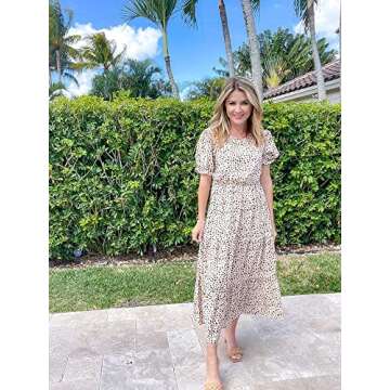 GRECERELLE Women Dress, Summer Casual Loose Crew Neck Boho, Leopard Dot Ruffle Puff Sleeve, High Waist Midi Beach Dress