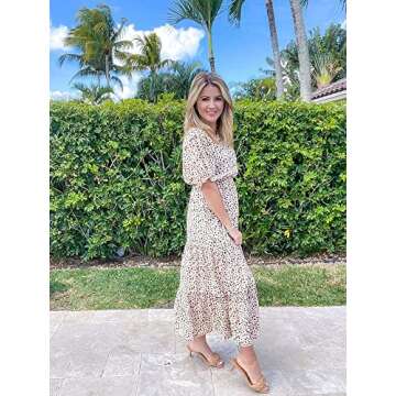 GRECERELLE Women Dress, Summer Casual Loose Crew Neck Boho, Leopard Dot Ruffle Puff Sleeve, High Waist Midi Beach Dress