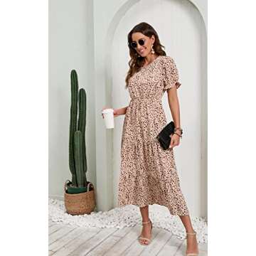 GRECERELLE Women Dress, Summer Casual Loose Crew Neck Boho, Leopard Dot Ruffle Puff Sleeve, High Waist Midi Beach Dress