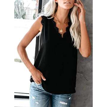 HARHAY 2023 Women's Lace Trim V Neck Tank Tops Lightweight Fashionable Summer Sleeveless Blouses Black M