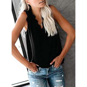 HARHAY 2023 Women's Lace Trim V Neck Tank Tops Lightweight Fashionable Summer Sleeveless Blouses Black M
