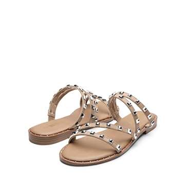 DREAM PAIRS Women's Clear Studded Rhinestone Slide Sandals Slip on Open Toe Cute Flat Sandals for Summer,Size 7.5,Nude/PU/Rivet,SDSS2213W