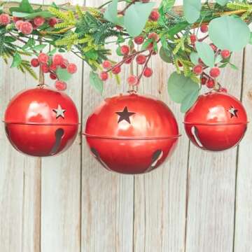 KI Store Oversized Jingle Bells Pearl Red Set of 3 Metal Bells 6-Inch 5-Inch 4-Inch for Christmas De...