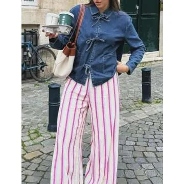 COZYPOIN Women's Tie Front Bow Denim Jacket Cropped Jean Shirts Lightweight Long Sleeve Fall Top with Pockets(Blue-S)