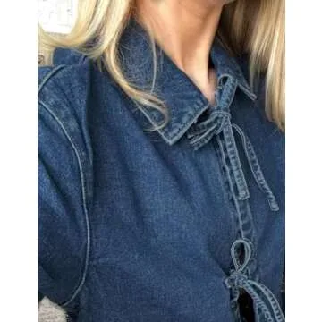 COZYPOIN Women's Tie Front Bow Denim Jacket Cropped Jean Shirts Lightweight Long Sleeve Fall Top with Pockets(Blue-S)