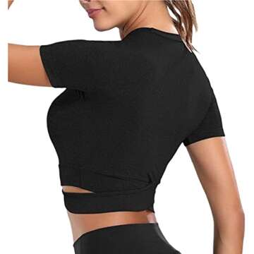 Bontierie Women Crew Neck Crop Tops Tummy Cross Long or Short Sleeve Sport Shirt for Yoga Fitness Ru...