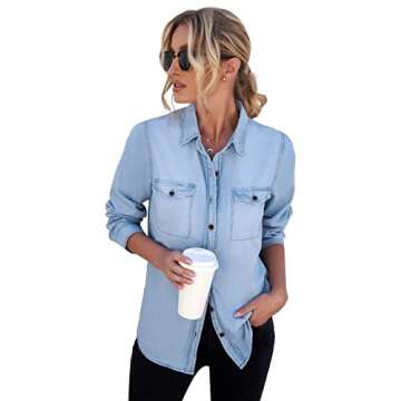Vetinee Women's Light Blue Button Down Denim Shirt Collared Classical Casual Vintage Retro Long Sleeve Pockets Tunic Fall Tops Blouse Size Medium