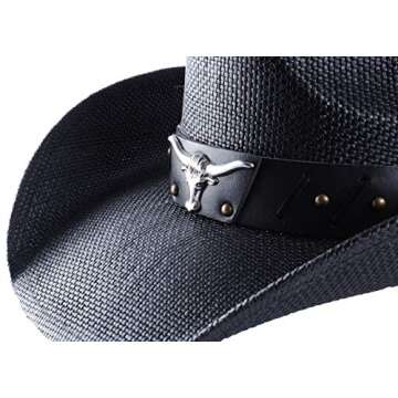 Western Outback Cowboy Hat Men's Women's Style Straw Felt Canvas (Black Bull)