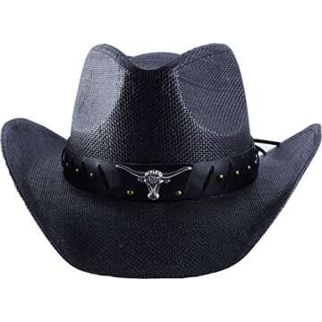 Western Outback Cowboy Hat Men's Women's Style Straw Felt Canvas (Black Bull)
