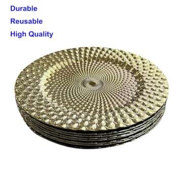 WELMATCH Gold Plastic Peacock Charger Plates - 12 pcs 13 Inch Round Wedding Party Decroation Charger Plates (Peacock Gold, 12)