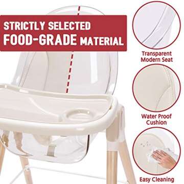 Baby High Chair, 7-in-1 Grow with Family Convertible Wooden High Chair for Babies and Toddlers, Rocking Chair, Reclining Seat, Easy to Clean Compact High Chair Removable Cushion and Double Tray