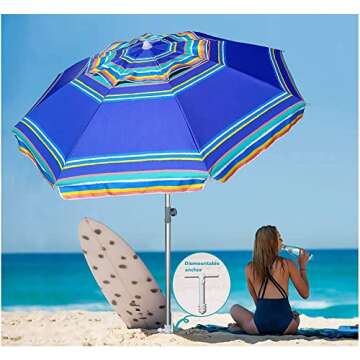 AMMSUN 7ft Heavy Duty High Wind Beach Umbrella Parasols with sand anchor & Tilt Sun Shelter, UV 50+ ...