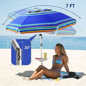 AMMSUN 7ft Heavy Duty High Wind Beach Umbrella Parasols with sand anchor & Tilt Sun Shelter, UV 50+ Protection Outdoor Sunshade Umbrellas Carry Bag for Patio Garden Pool Backyard Stripe Blue